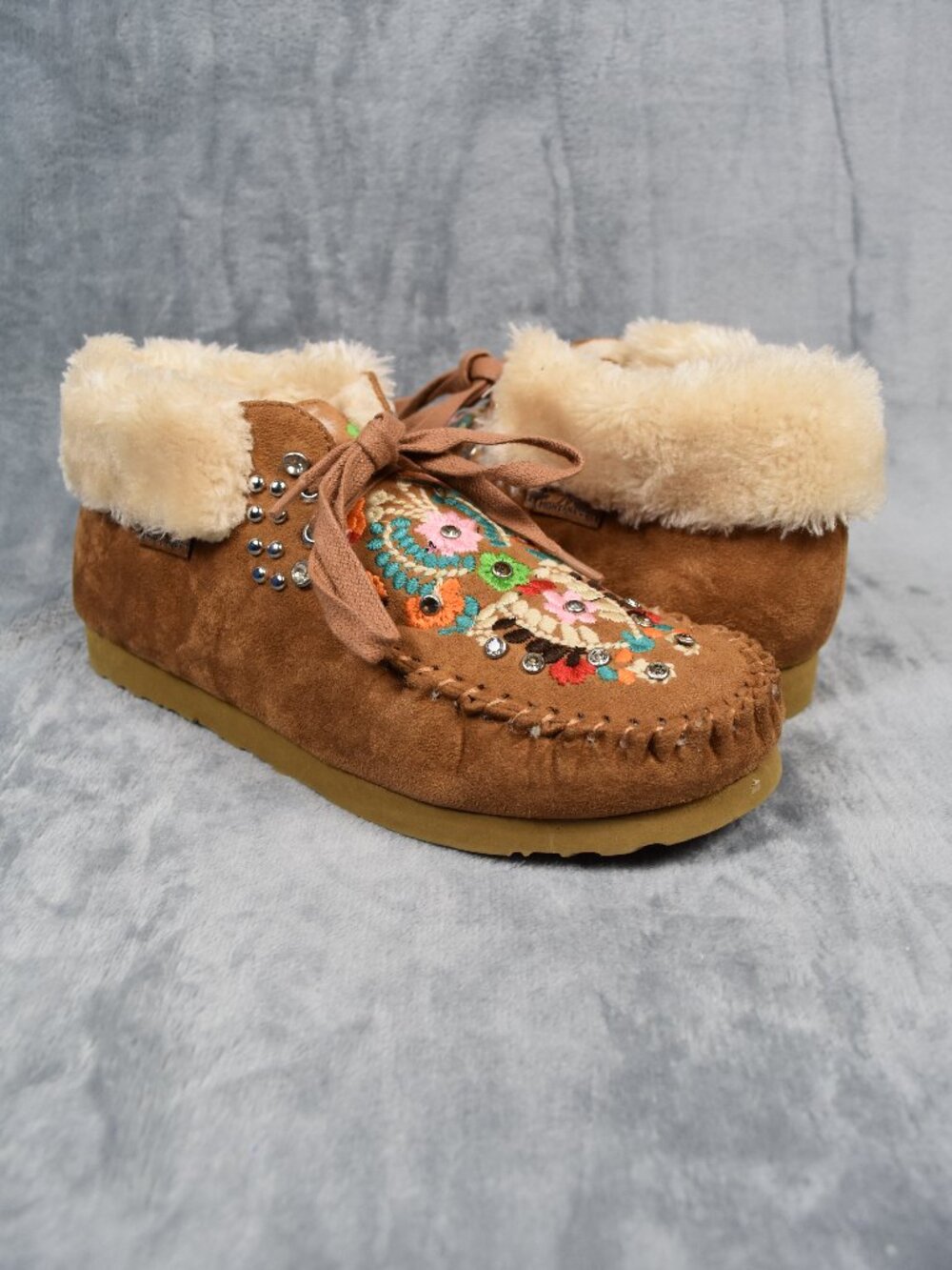Montana West Brown Floral Embroidery faux fur Lined Moccasins